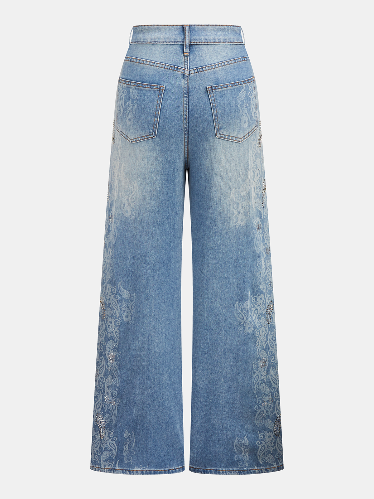 Paisley Jacquard Rhinestone Stud Wide Leg Jeans