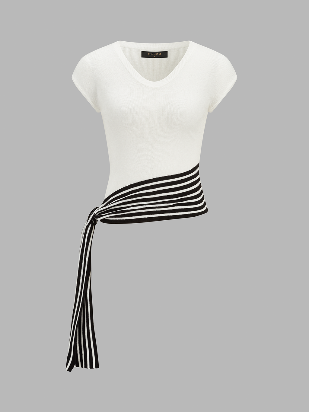 Cap Sleeve V-Neck Striped Tie Knit Top