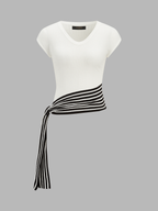 Cap Sleeve V-Neck Striped Tie Knit Top