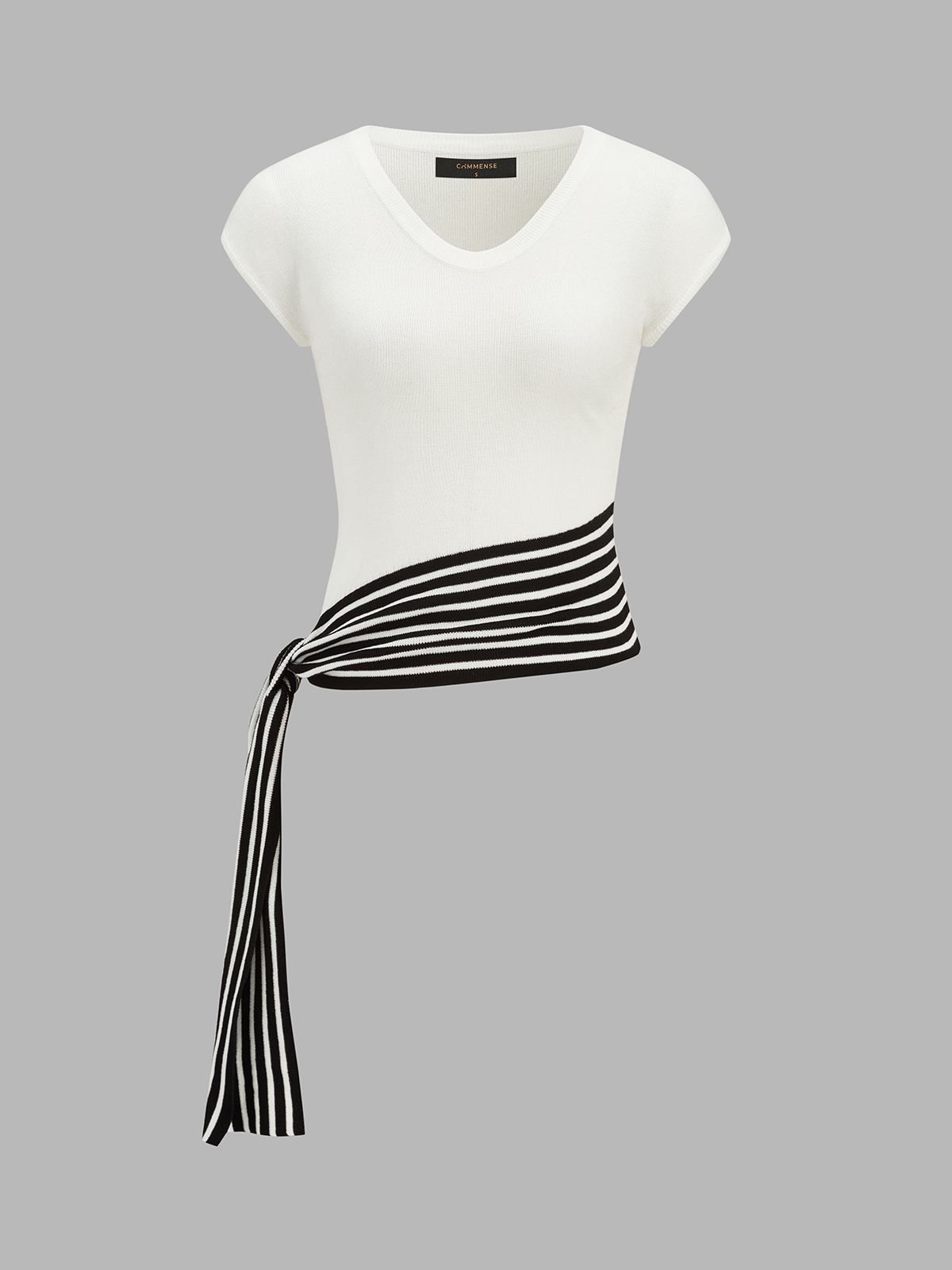 Cap Sleeve V-Neck Striped Tie Knit Top