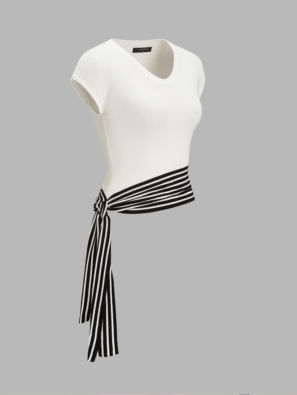 Cap Sleeve V-Neck Striped Tie Knit Top