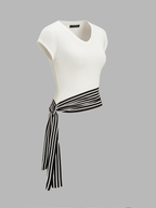 Cap Sleeve V-Neck Striped Tie Knit Top
