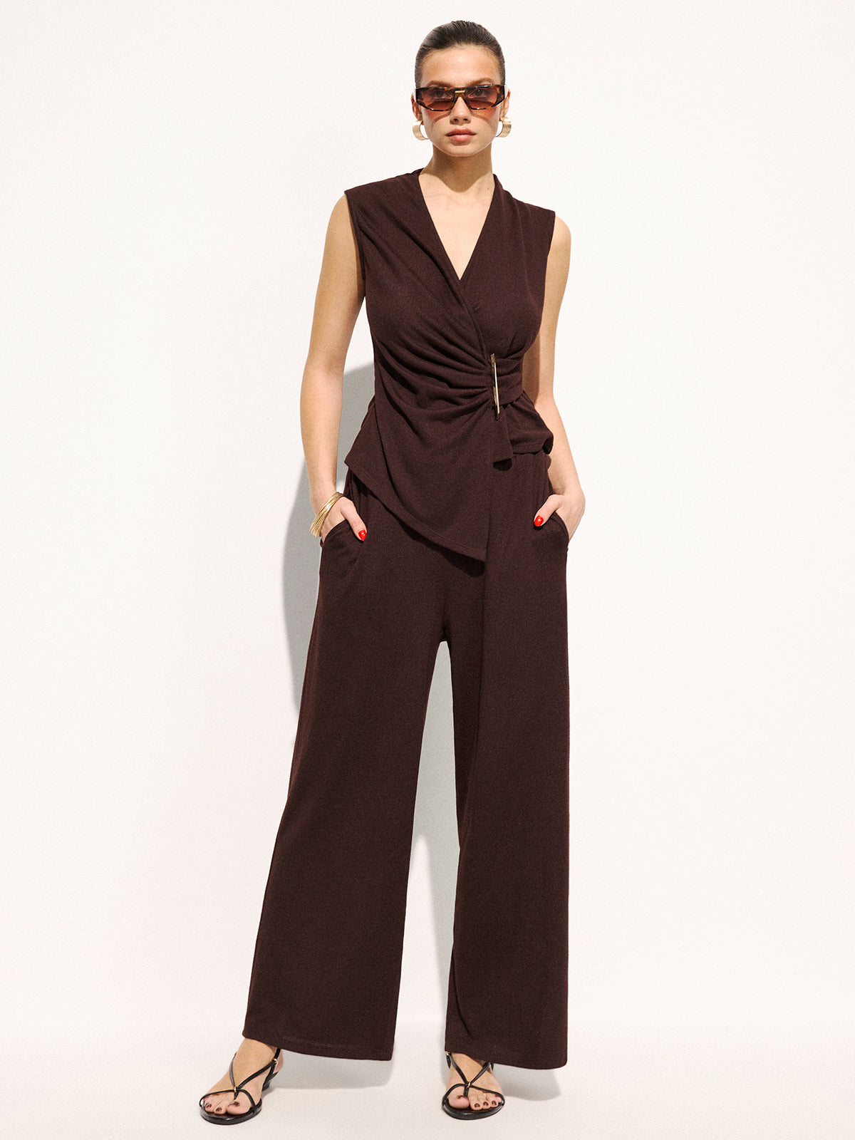 Metal Detail Ruched Top & Pants Set