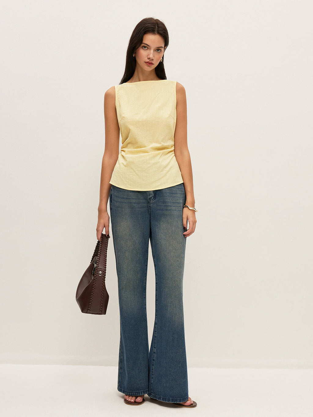 Cotton Solid Boat Neck Ruched Waist Sleeveless Blouse