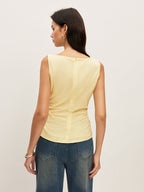 Cotton Solid Boat Neck Ruched Waist Sleeveless Blouse