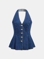 Denim Halter Peplum Top & Shorts Set