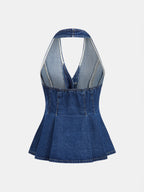 Denim Halter Peplum Top & Shorts Set