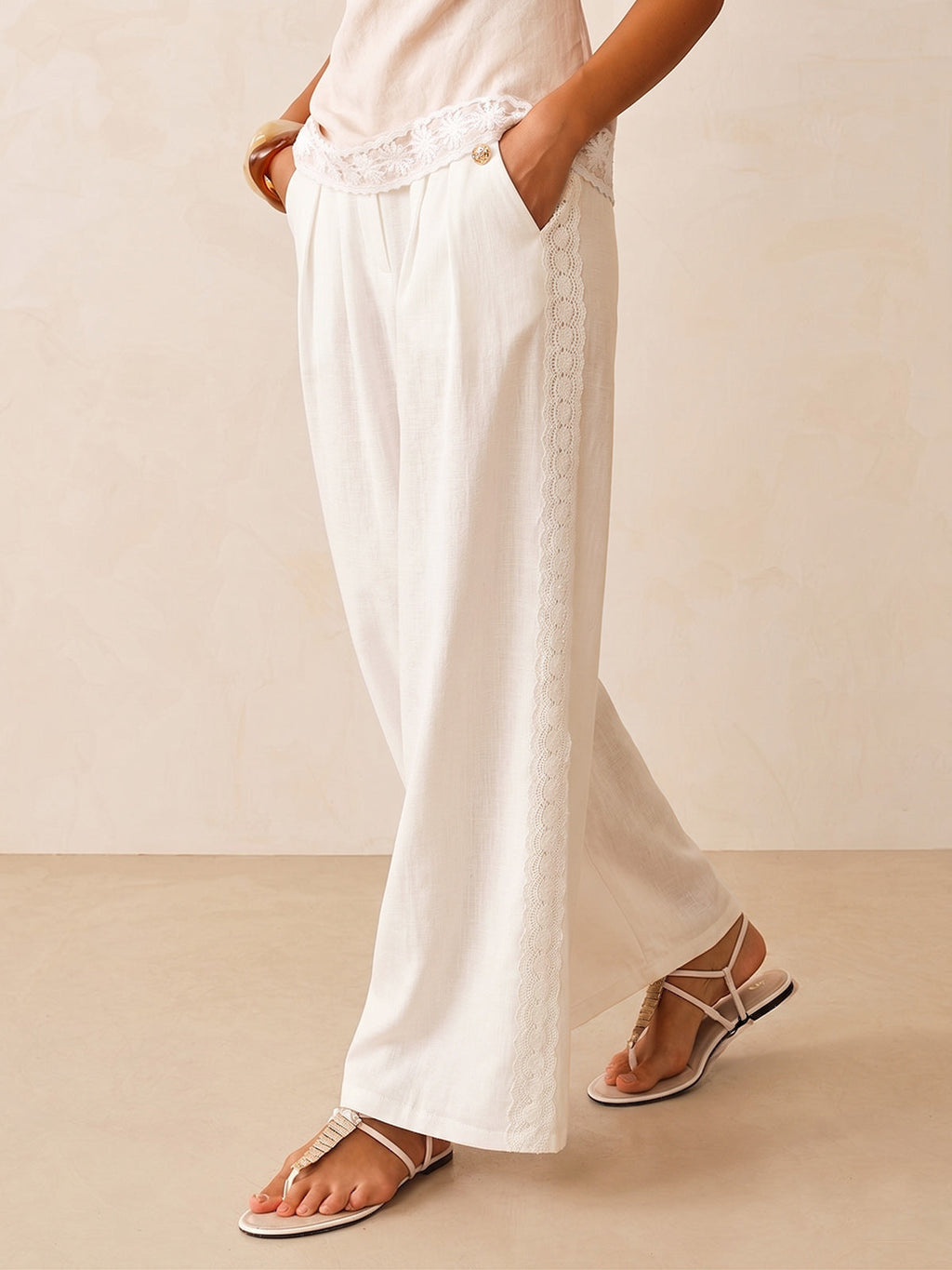 Lace Trim Linen Blend Wide Leg Pants