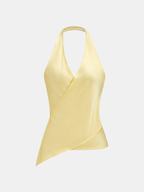 Asymmetric Hem Satin Halter Wrap Top