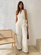 Halter Neck Tie Waist Wide Leg Jumpsuit