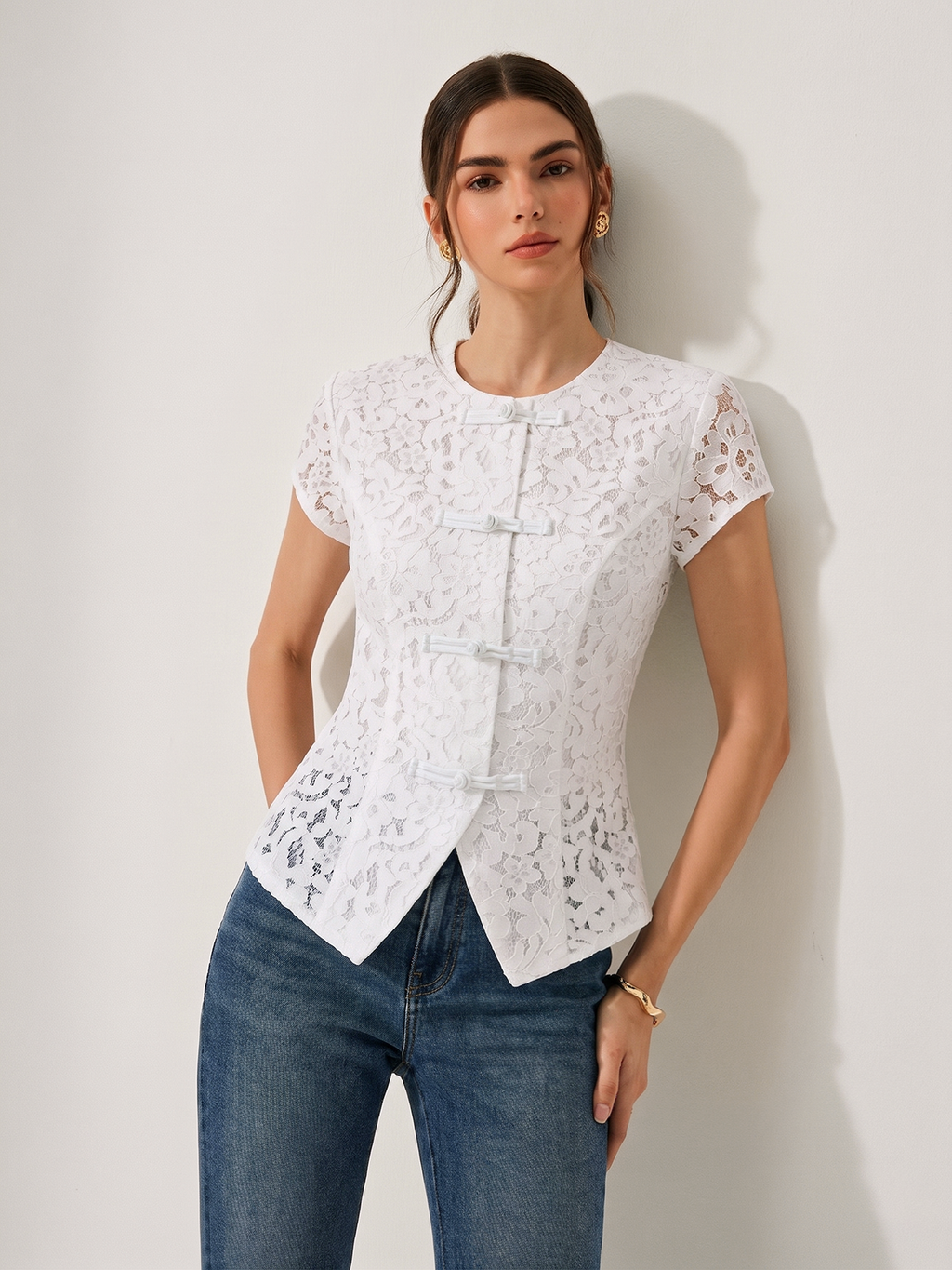 Short Sleeve Frog Button Lace Blouse