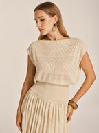 Openwork Knit Boat Neck Sleeveless Top